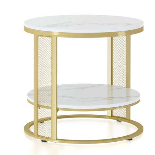 2 Tiers Solid Marble Top Round Coffee Table Lounge Living Room Modern Gold Legs - Picture 5 of 12