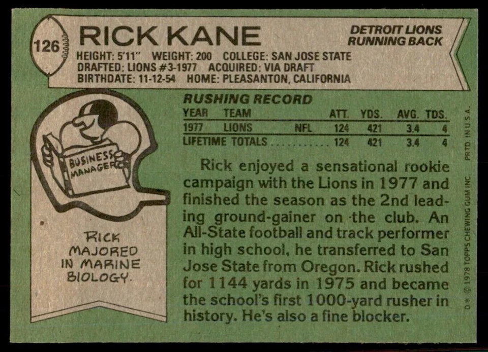 1978 Topps Rick Kane A Football Cards #126 - Image 2 of 2