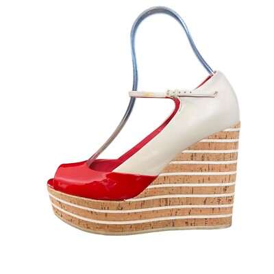 GUCCI White, Red Patent Leather Cork Mary Jane Wedge Cork Sandals