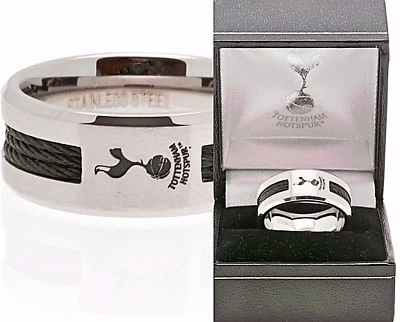 Tottenham Hotspur Spurs FC Acier Inoxydable Noir Incrustation Band Bague En Gift - Photo 1/3