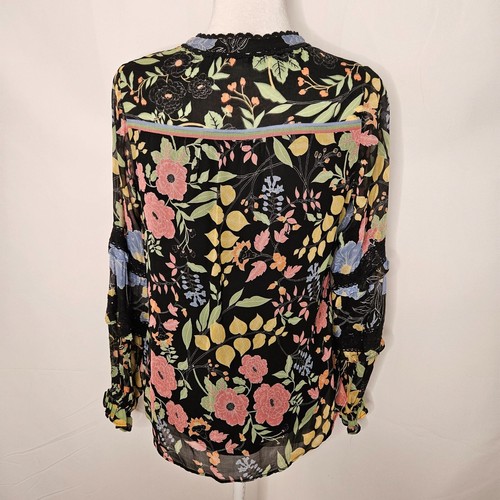 Hale Bob Size Small Georgette Bohemian Blouse Top Balloon Sleeve V Neck Tie - Picture 2 of 12