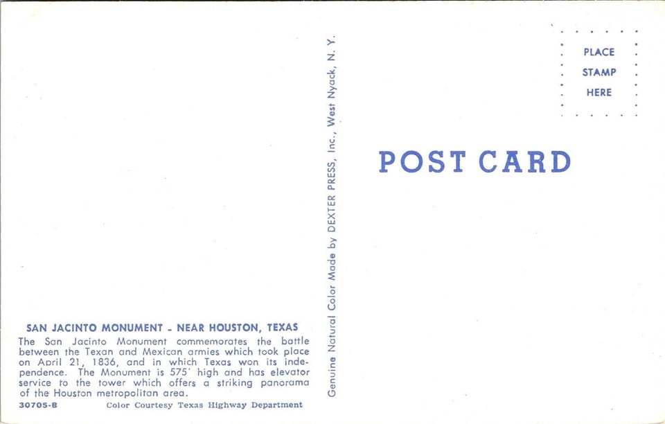 Famous San Jacinto Monument Near Houston Texas Battle Mexican Army Unp