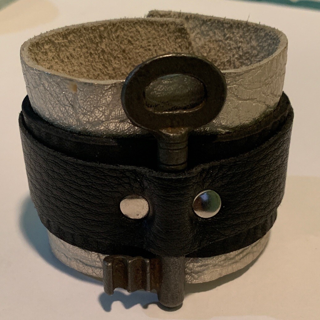 Handmade Leather Key Design Button Bangle Bracele… - image 1