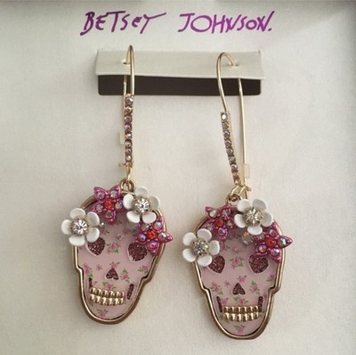 Betsey Johnson Pink Skull Dangle/Drop Hook Earrings, Simulated Crystal Enamel