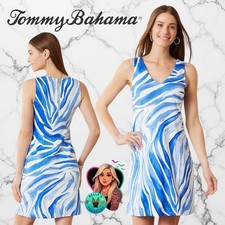 Tommy Bahama Women's Medium Darcy Seafaring Safari V-Neck Dress Blue White Zebra