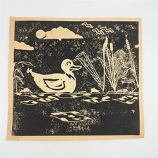Original Screenprint Ink Print Art Duck on Pond