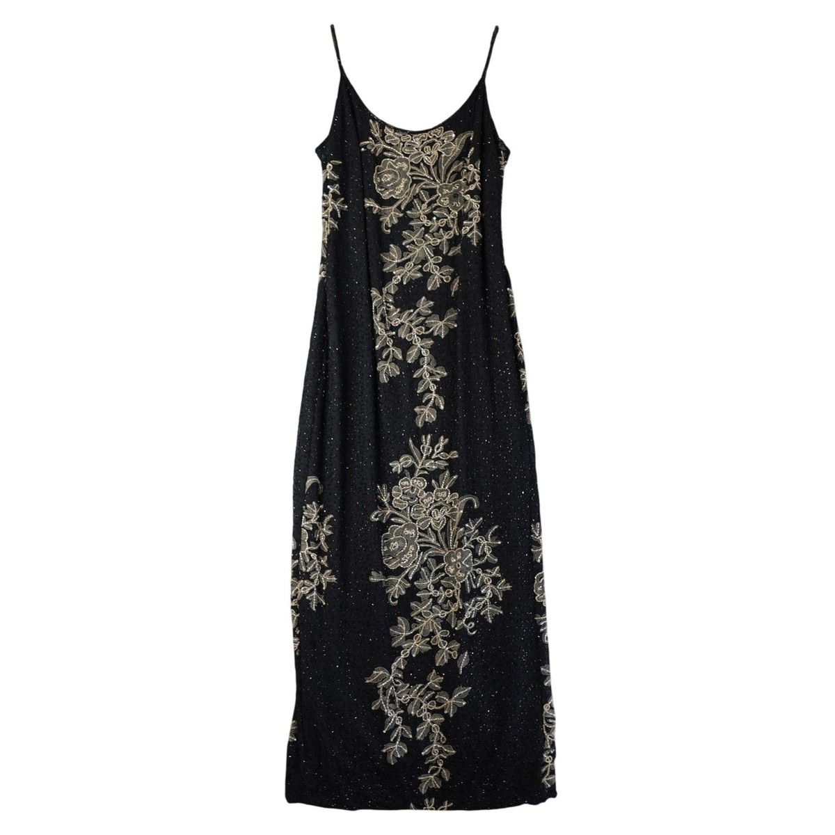 90s whimsigoth dress Vintage 90s Maxi Gown 6 Black Beaded Floral Sequin Whimsigoth Fairy Slip  Dress