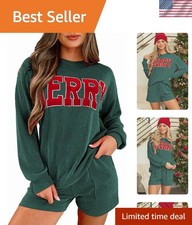 Womens Ribbed Pajama Sets Long Sleeve Top and Shorts Matching Lounge Set Larg