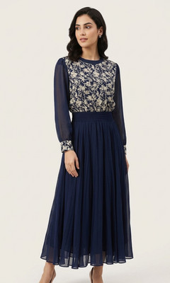 VTG 1980 Cristian Dior Silk Midi Floral Flowy Dress Navy Fairycore Retro Whimsy