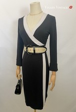 CALVIN KLEIN WHITE TRIM V-NECK 3/4-SLEEVE FAUX WRAP DRESS IN BLACK