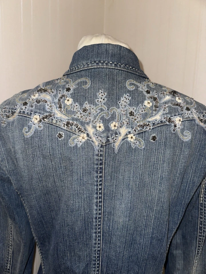 Elie Tahari женщин резинке украшенный искусственно состаренный джинсовая куртка кнопка Sz L - Изображение 3 из 4