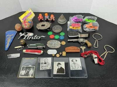Junk Drawer Lot Zippo Knives Kellogg Trucks Bell Car Emblem Belt Buckle Eggs Vtg
