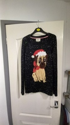 Ladies Matalan Papaya Multi Colour Glitter Pug Christmas Jumper Size Small