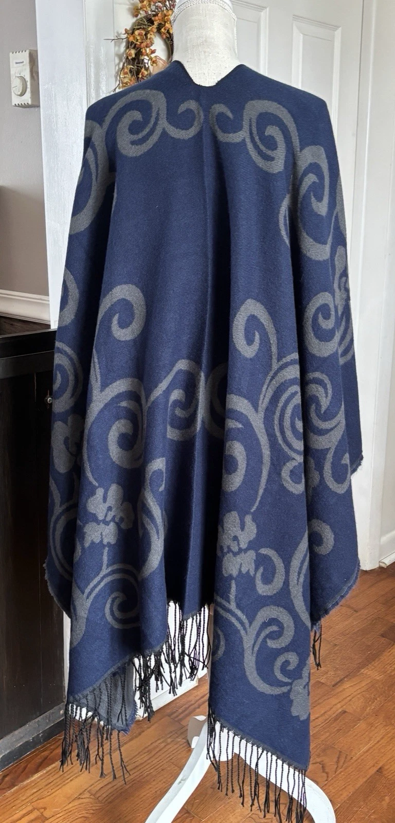 NWT Reversible Open Front Poncho Cape Wrap Shawl Gray Blue Fringe Flannel O/S