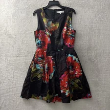 Trina Turk Womans Sundress Black Floral 8 Rayon Blend Sleeveless Round Neck Zip