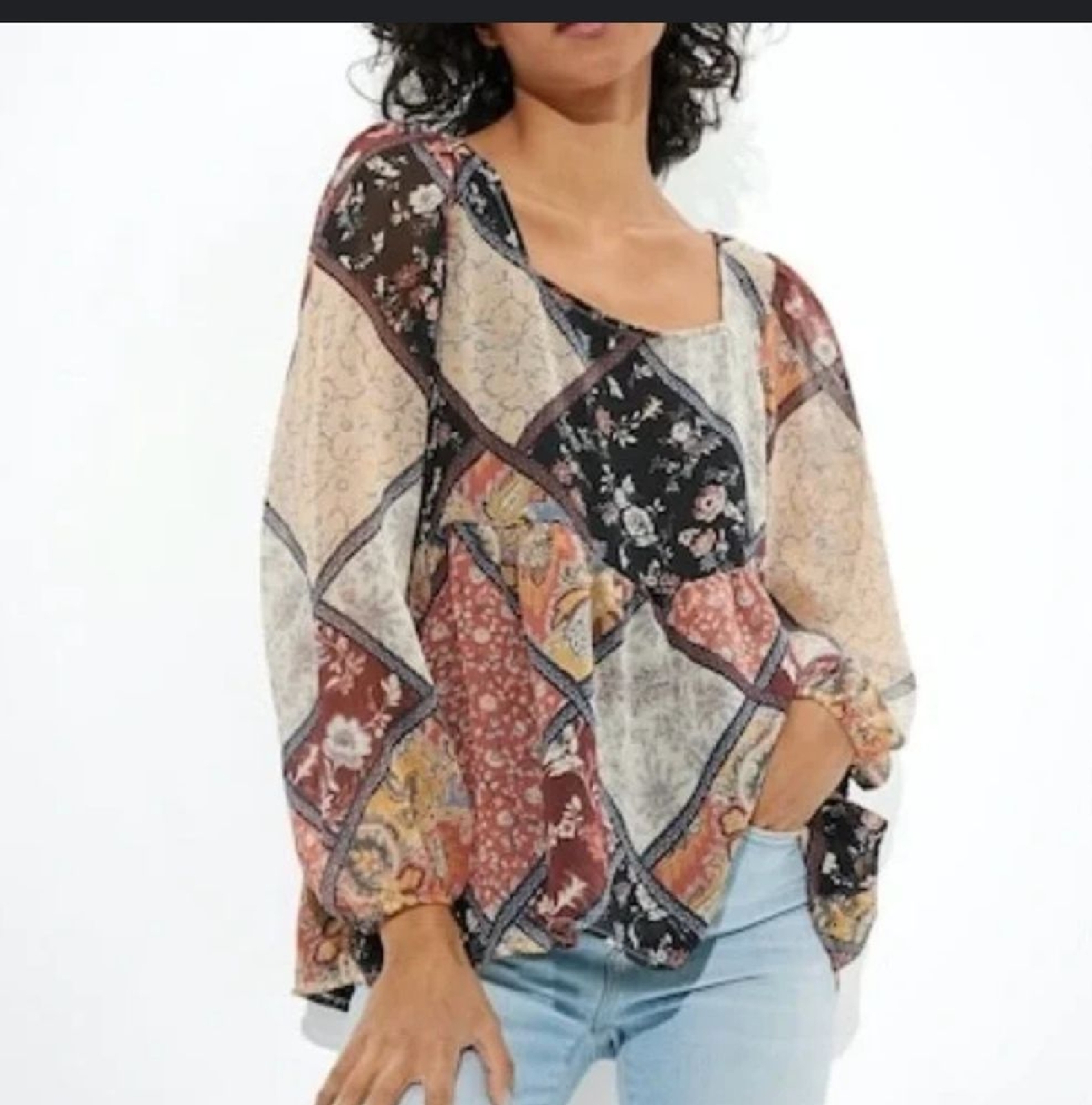 American Eagle Patchwork Print Tiered Square Neck… - image 1