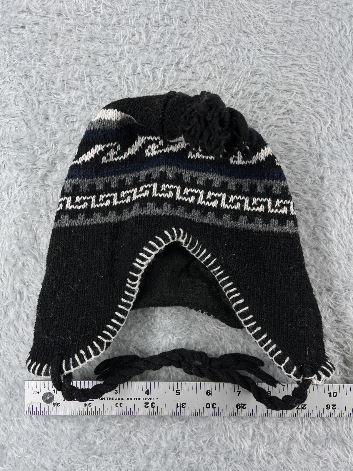 Black Gray Striped Wool Blend Beanie with Ear Flaps and Tassel for Adults-image