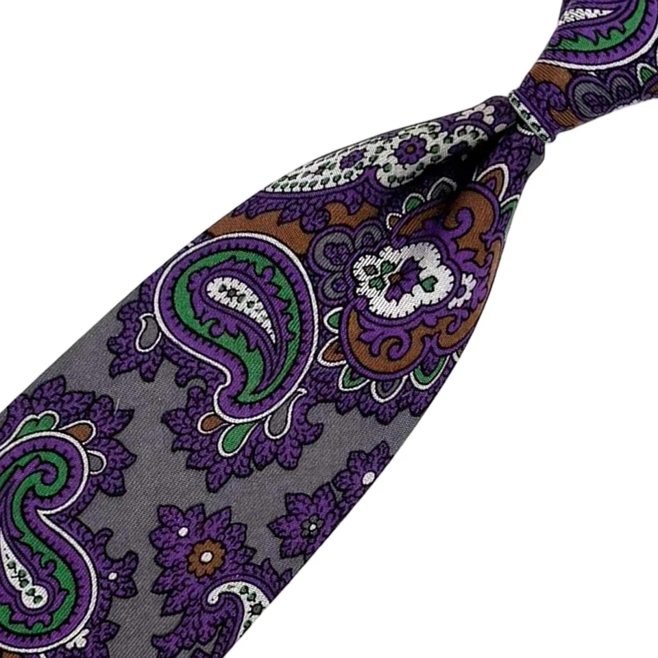 Corbata Gris Tino Cosma - Corbata Italia Seda Verde Morado Marrón Paisley Patrón Floral Foto 4 de 4