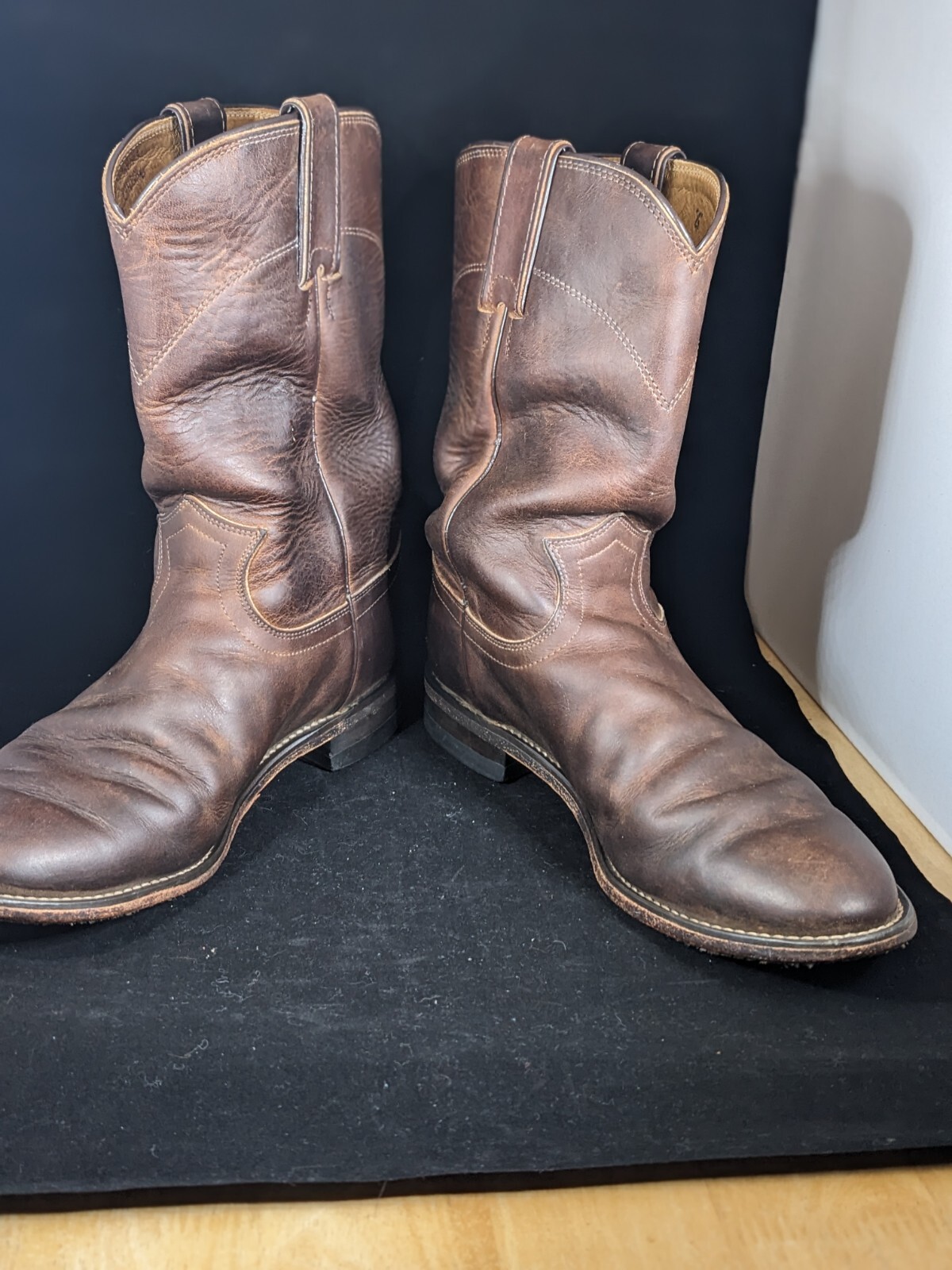 JUSTIN BAY APACHE BRUSHED BROWN LEATHER R TOE ROPER COWBOY BOOTS #3408 MEN'S 7D