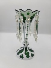 Antique Bohemian Baccarat Green Vase White Overlay Cut with Crystal Prisms 10  