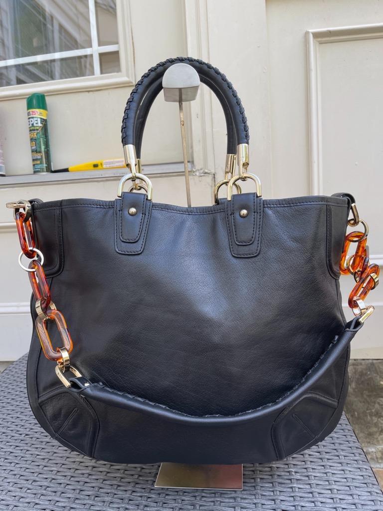 BALLY Black Leather JANA BAG Tote w/ Tortoiseshell Strap TOTE (600
