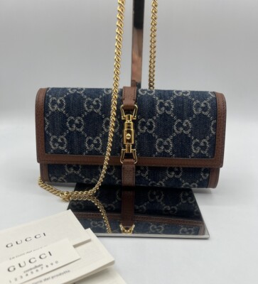 NWOT Gucci Jackie 1961 GG Monogram Blue Denim Wallet on Chain
