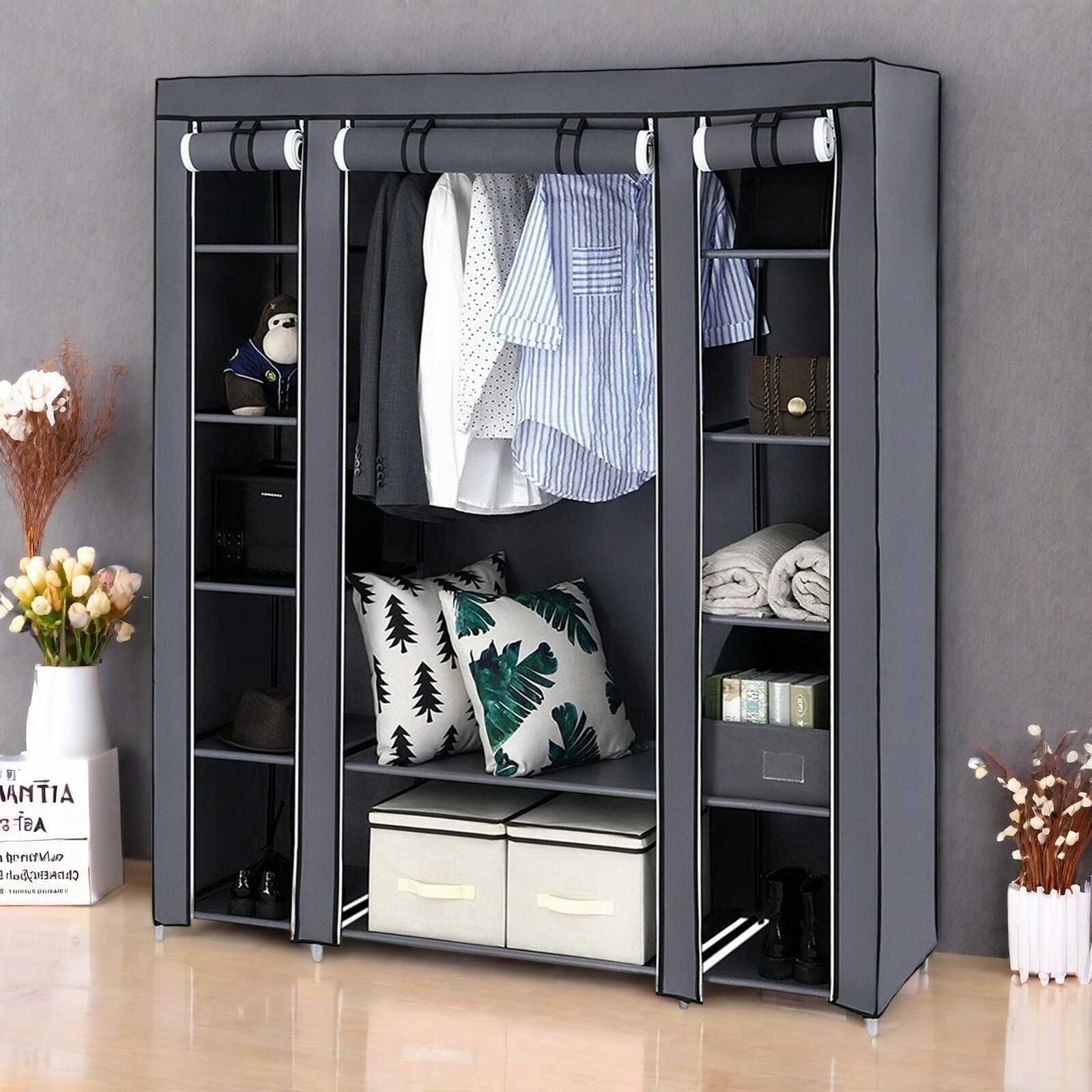 5-Tier Portable Wardrobe Closet - Gray, Non-woven Fabric,12-Cube & Roll-Up Door