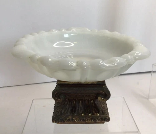 Milk Glass Metal Footed Small Trinket Dish Ashtray Vintage Hollywood Regency