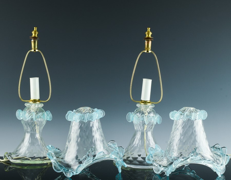 WONDERFUL PAIR VINTAGE MURANO ITALIAN LIGHT BLUE ART GLASS BEDSIDE