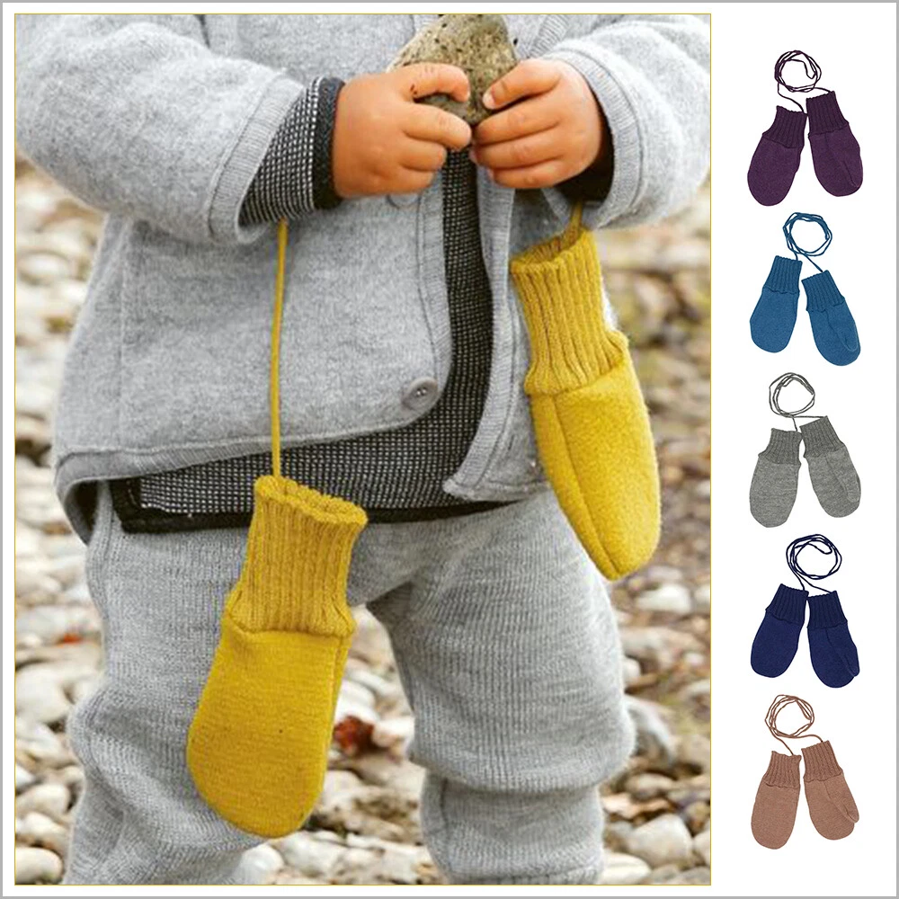 DISANA Toddler and Kids' Mittens, Organic Merino Wool Snow Gloves with String