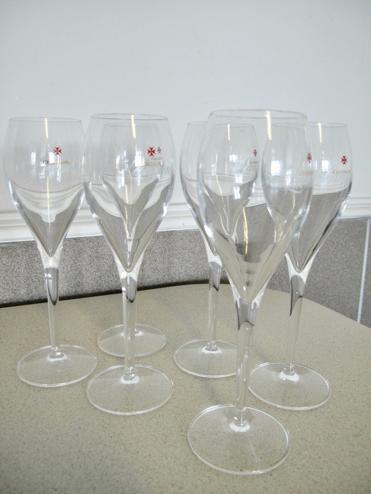 Lanson 6 champagne Glass flutes Red Malta Cross advertisement wine eBay