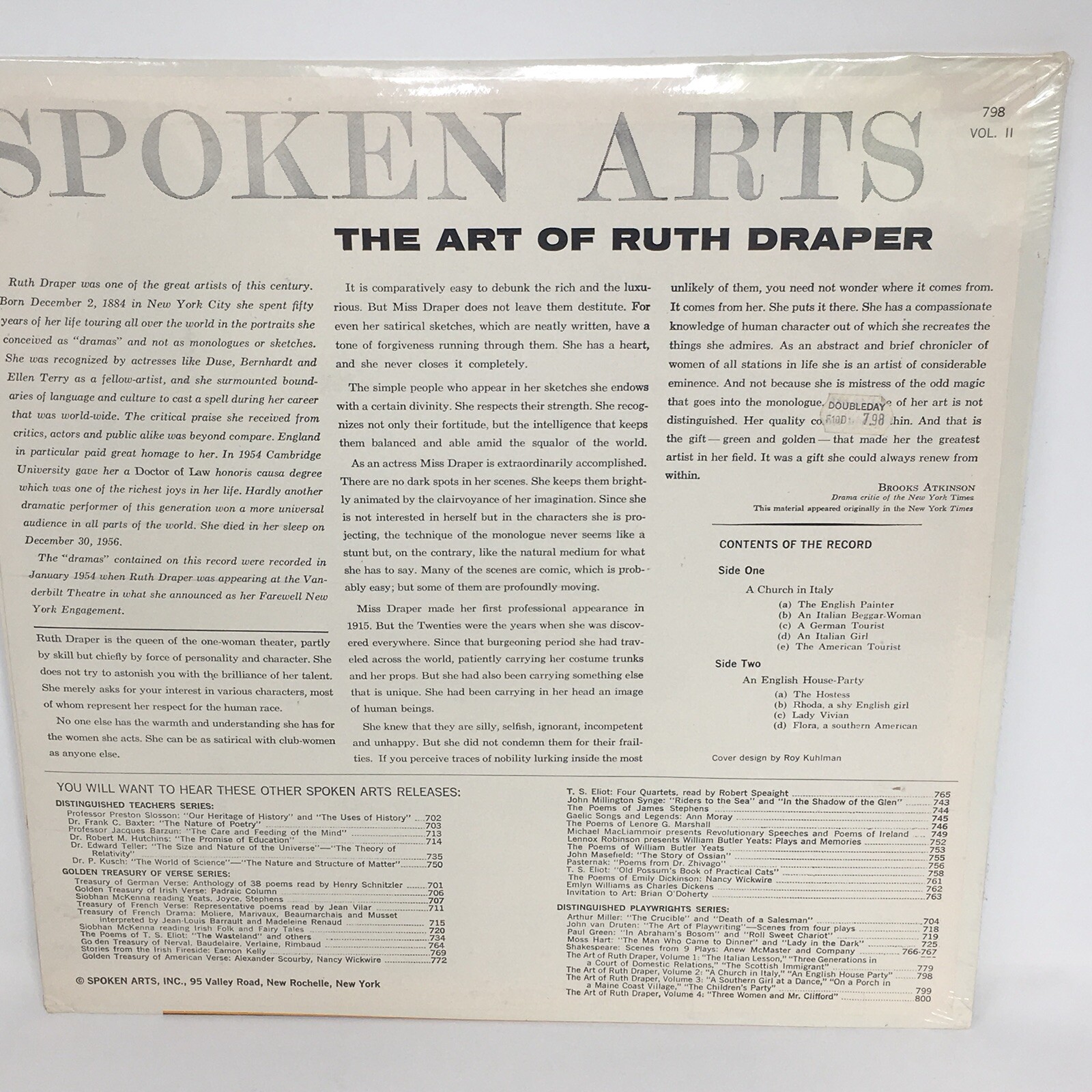 Ruth Draper SEALED Vol 2 1962 Spoken Arts Inc Records Vintage Vinyl Lp