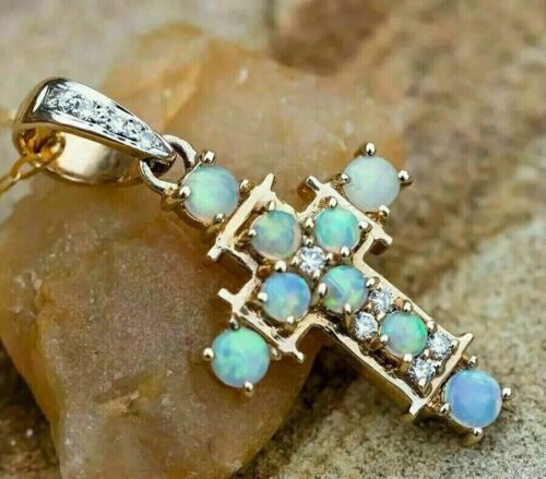 3Ct Round Cut Fire Opal & Diamond Cross Pendant 14K Yellow Gold Over Free Chain - Picture 2 of 7