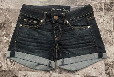 NWT AMERICAN EAGLE 4 DARK BLUE WHISKER WASH CUFFED DENIM MIDI JEAN SHORTS
