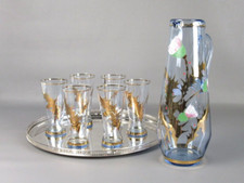 Servizio bicchieri e brocca in vetro vassoio elegante dipinto a mano vintage