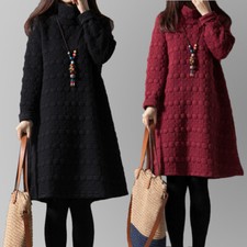 Women Padded Quilted Dresses Knee Length High Neck Warm Loose Casual Winter