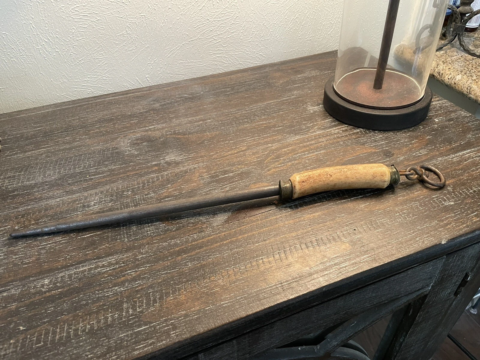 Antique Early Primitive Cast Steel honing rod Knife Sharpener Stag Antler Handle