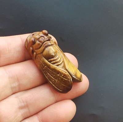 3D cicada,carving natural yellow Tiger eye stone pendant,amulet rope necklace