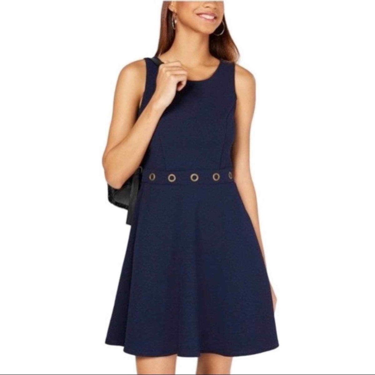 navy blue skater dress boohoo Women's Long Sleeve Tie Waist Skater Mini Dress