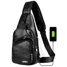 Leather Sling Bag Mens Crossbody Chest Backpack With USB Charging Port Travel...