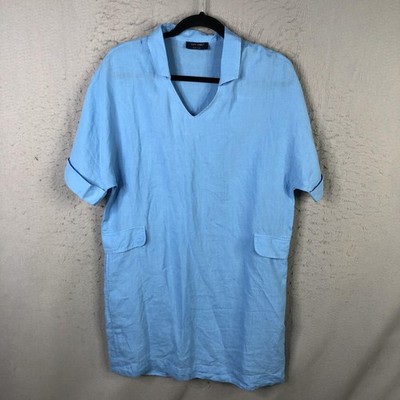 Saint James Dress Womens 8 Blue Linen Shift Short Sleeve V Neck Pockets Casual