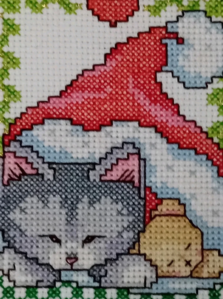 TWO charming large Completed Cross Stitched Christmas Cards - kitten and teddy - Image 3 of 3