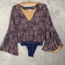 Intimately Free People Ditsy Floral Bodysuit Bell Sleeves Navy Blue XS OB1069801
