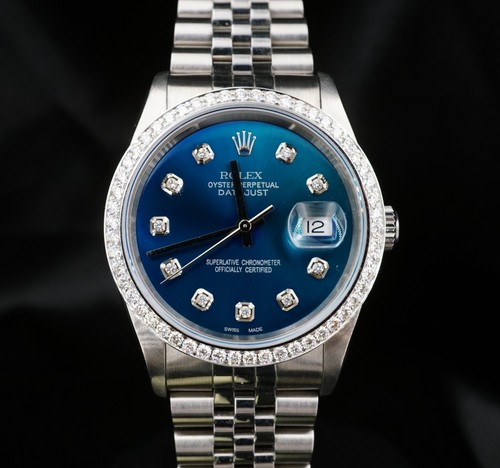 2000 Rolex Datejust Ref 16220 Blue Diamond Dial Bezel 18k SS Warranty 36mm W1371