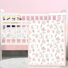 3 Pcs Pink Floral Baby Crib Bedding Set for Girls, Flower Baby Crib Sets for New