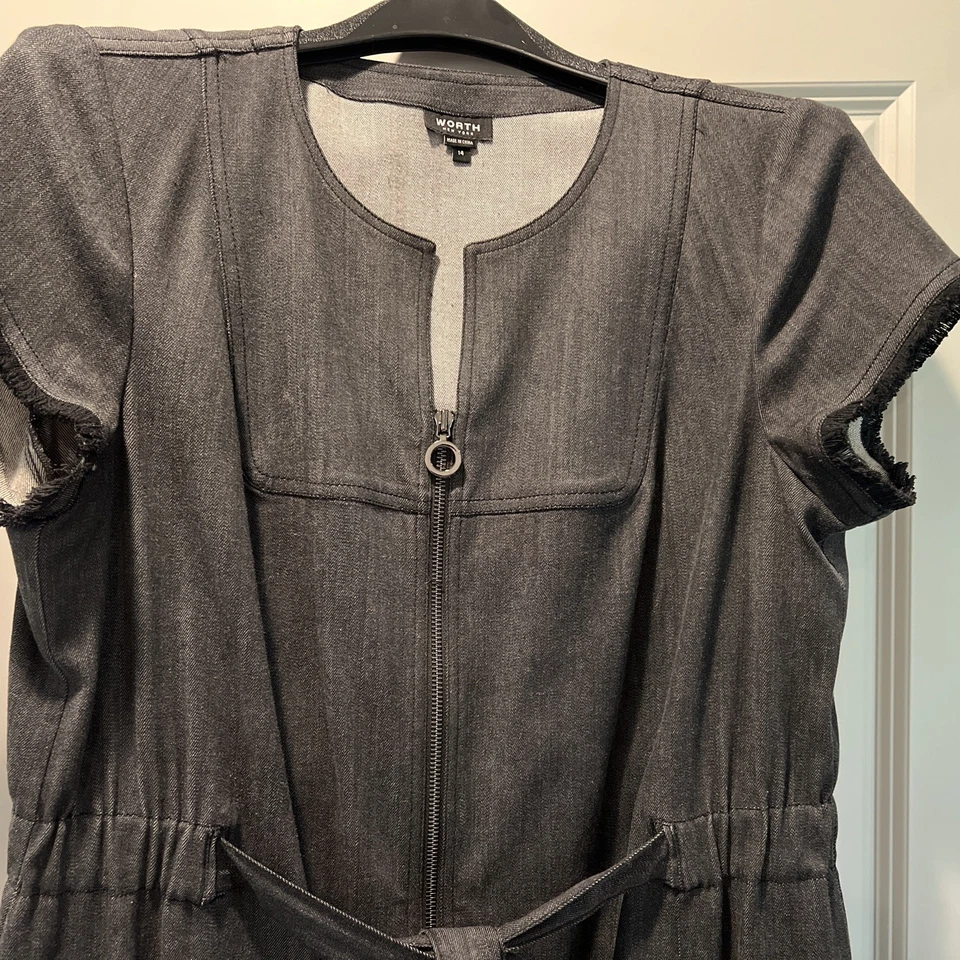 Vestido Camisa WORTH Zíper Frontal Cinza Denim Cinto Franja Manga Cap Tamanho 14 - Imagem 3 de 4