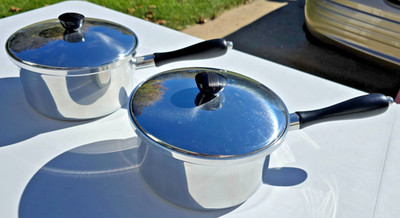 4 Piece Set NOS Vtg Kitchen Craft Aluminum 2-1/2 Qt Sauce Pans & Lids Cookware