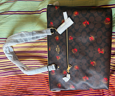 Coach Signature Cherry Print Zip Tote Medium Brown Lined Inner Pockets