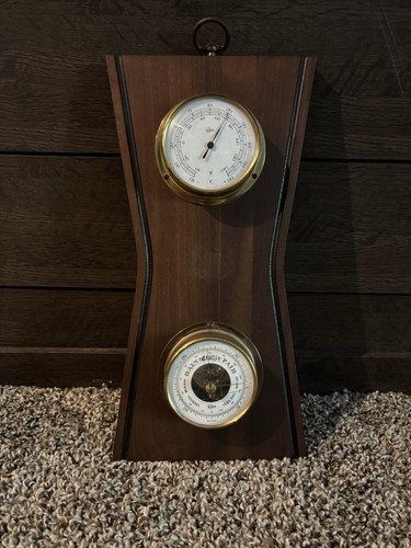 Vintage Barigo Germany Wall Weather Station Barometer Thermometer Walnut MCM