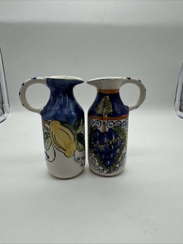 Italian Oil and Vinegar bottles w/painted lemons Grapes Oil And Vinegar Cruets.